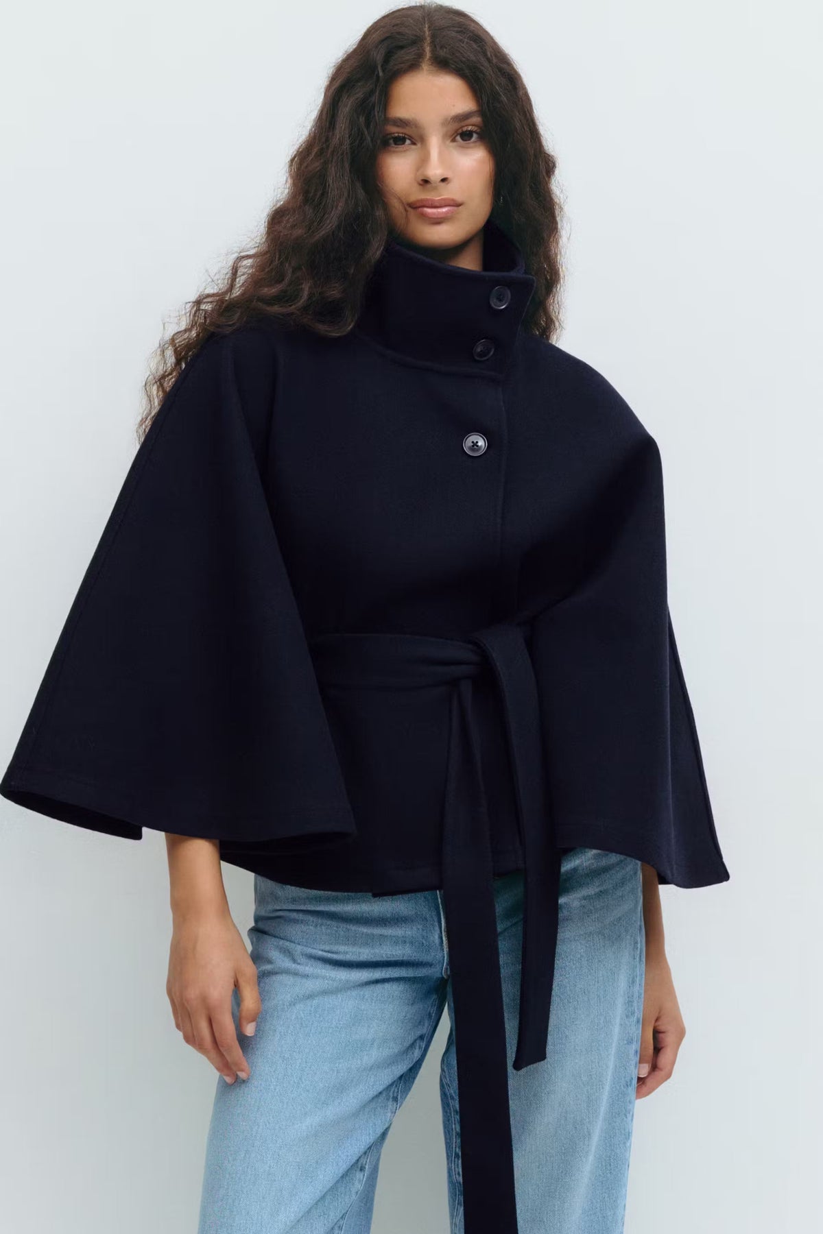 Belted cape jacket for women in beige, blue, brown or black