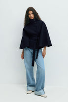 Belted cape jacket for women in beige, blue, brown or black