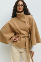 Belted cape jacket for women in beige, blue, brown or black