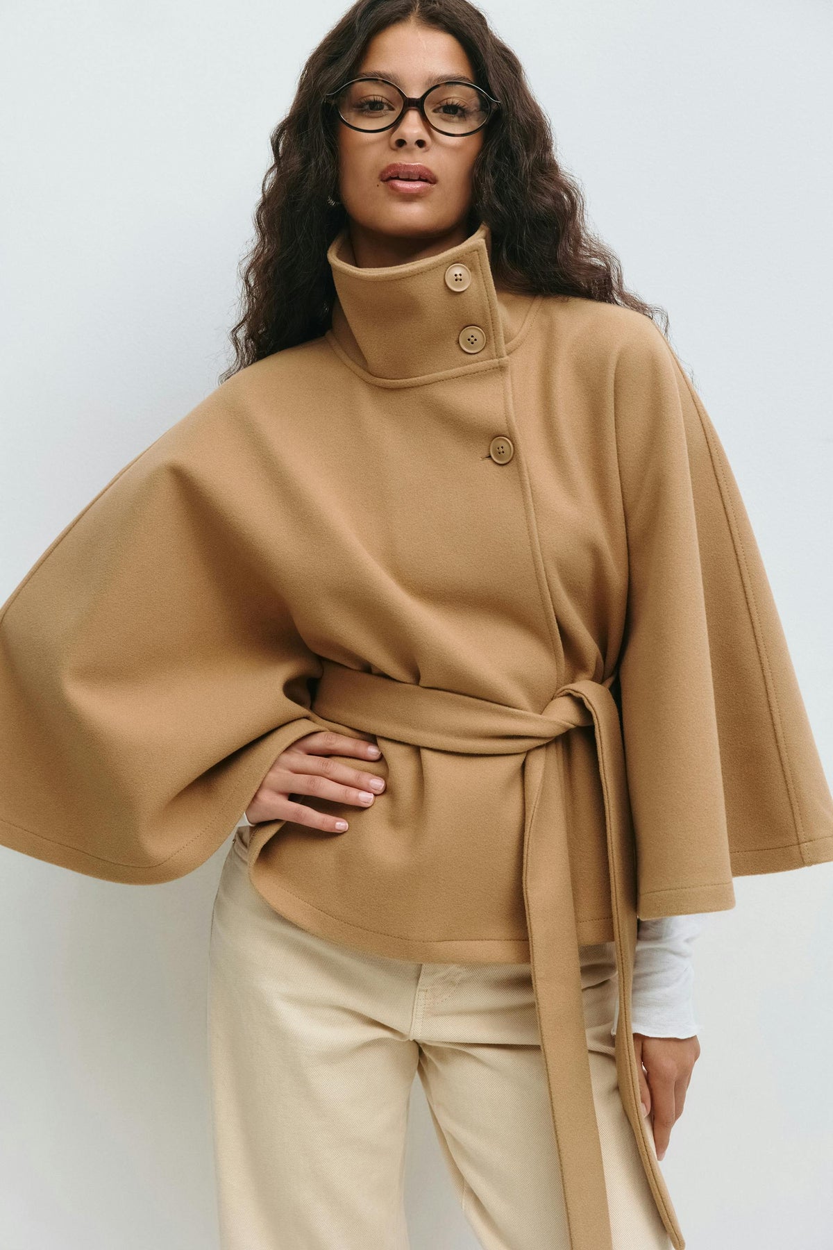 Belted cape jacket for women in beige, blue, brown or black