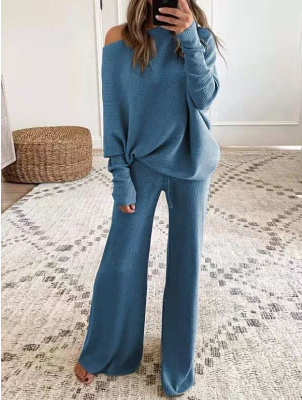Asymmetric knit wide-leg lounge set in blue for women