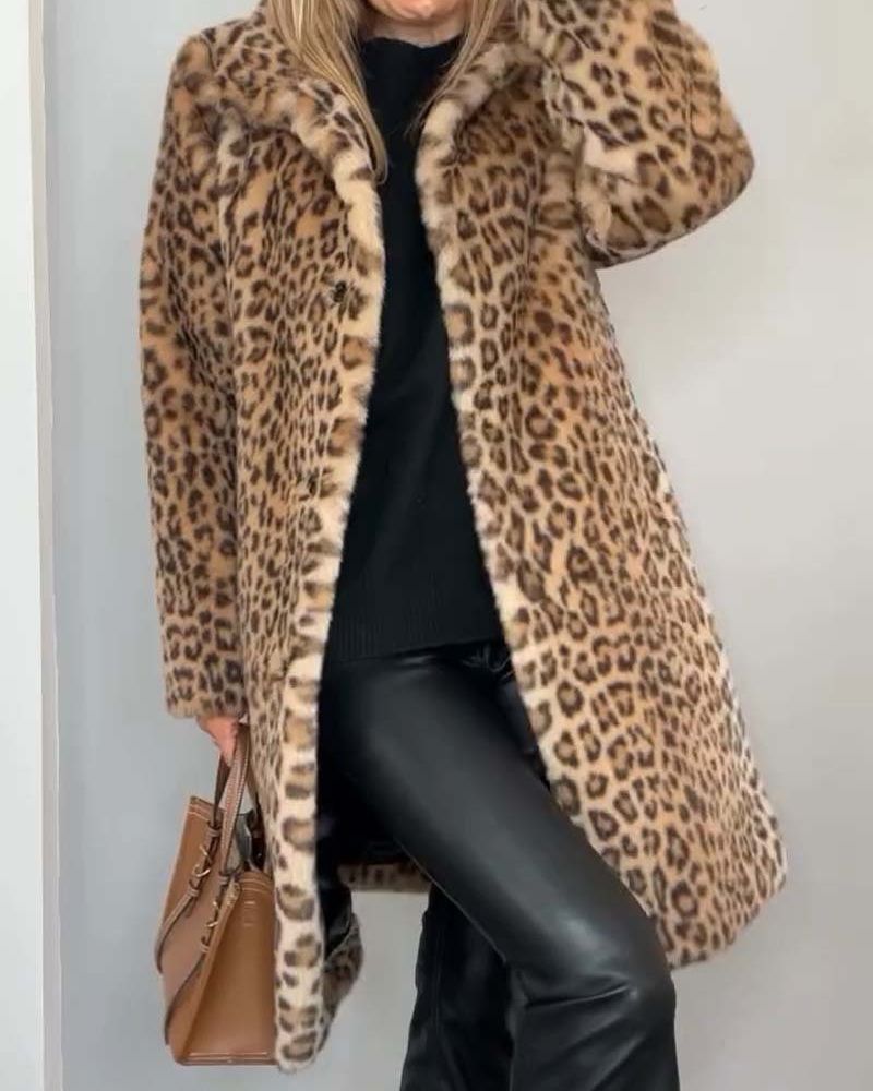 Leopard print faux fur coat in khaki for women