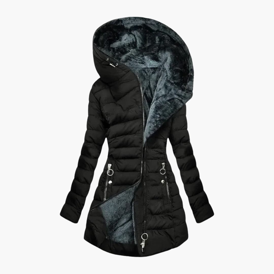 Asymmetric zip puffer coat in black for women
