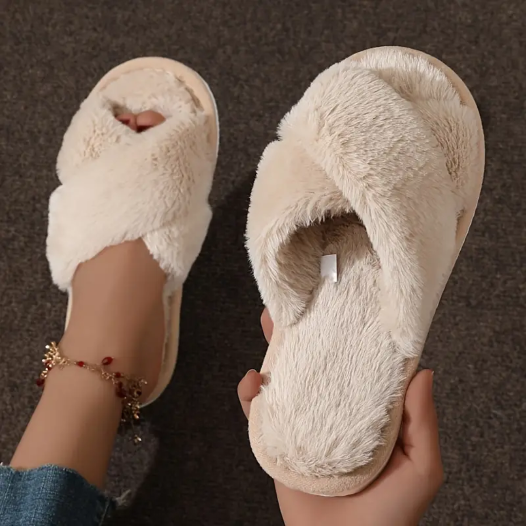 Criss cross fuzzy slippers in khaki for women