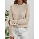 Lace trim mock neck sweater in beige, black and red for women