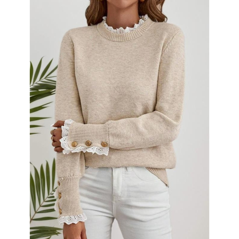 Lace trim mock neck sweater in beige, black and red for women
