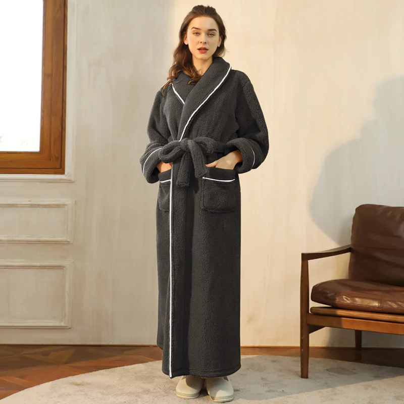 Ankle-length piped sherpa robe for women