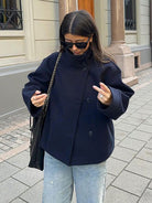Asymmetric button pea coat for women