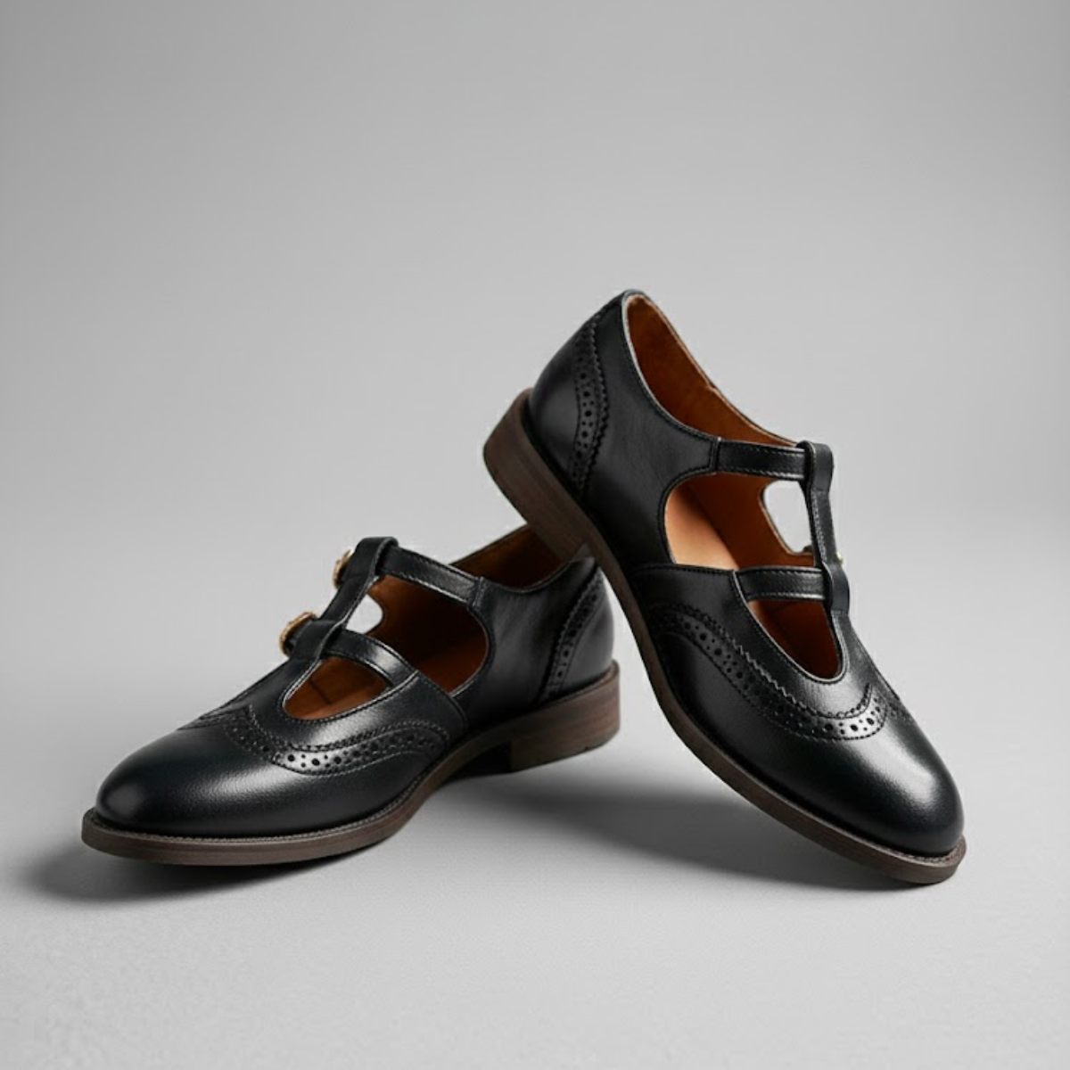 Brogue T-bar double buckle flats for women
