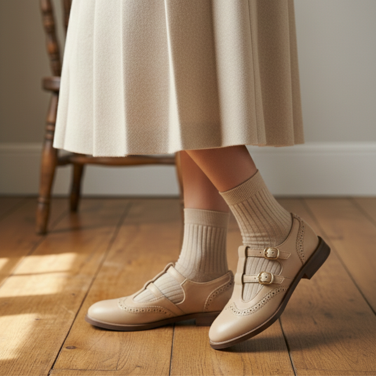 Brogue T-bar double buckle flats for women