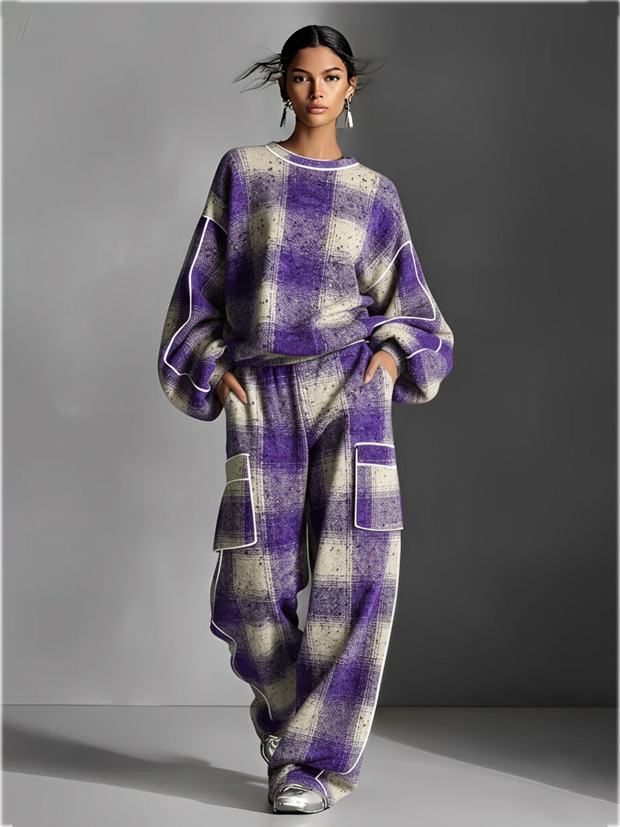 Piped sweatshirt and cargo-pocket pant set in purple for women