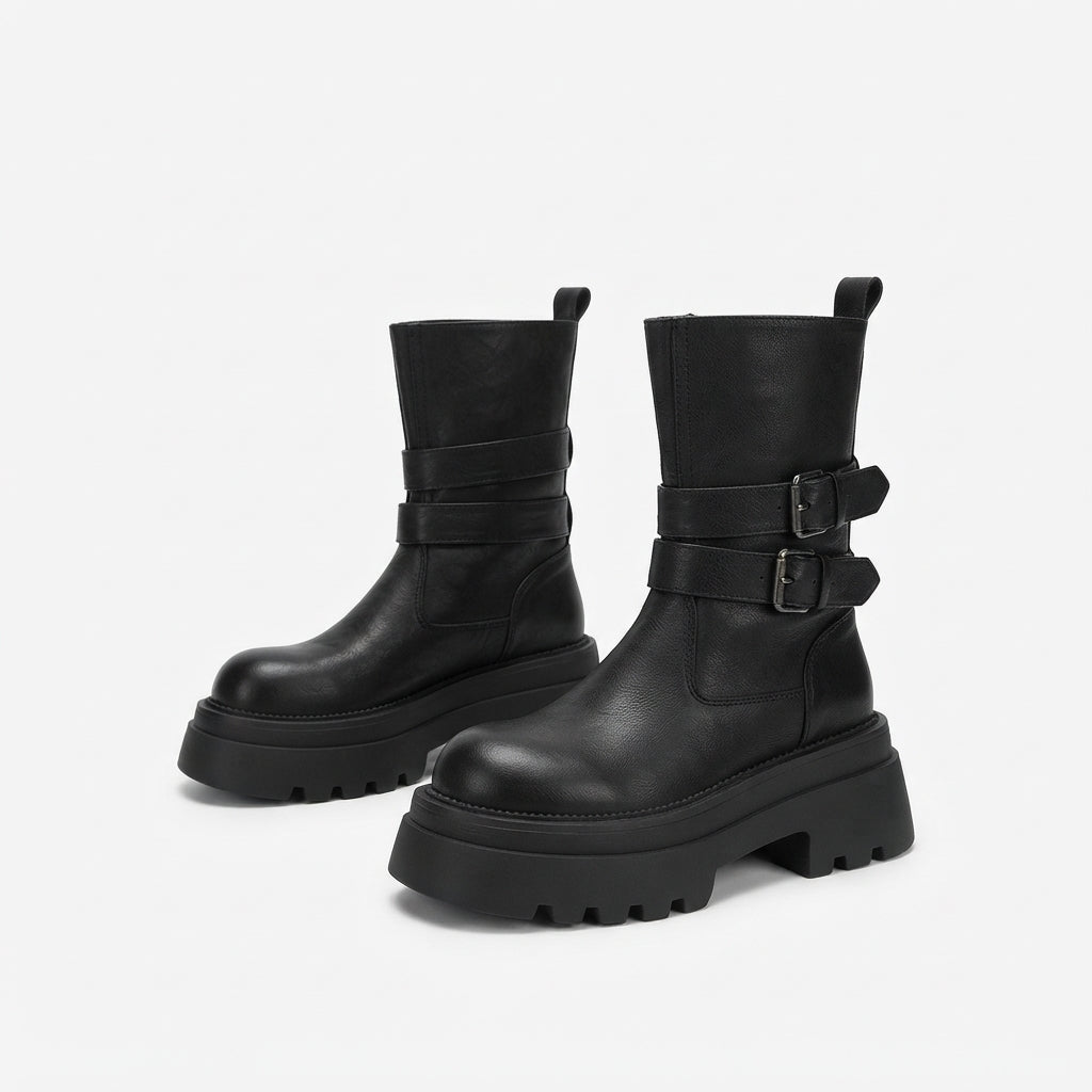 Chunky platform buckle biker boots for women