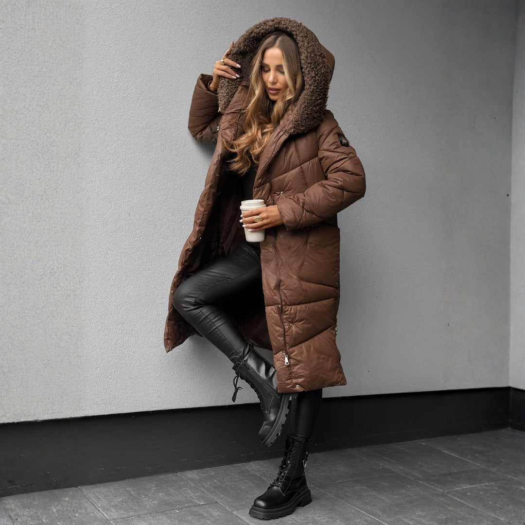 Long quilted hooded coat for women