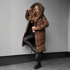 Long quilted hooded coat for women