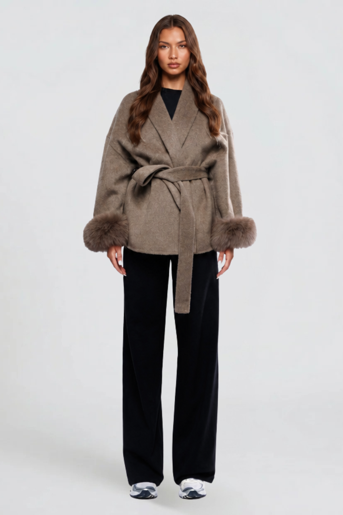 Relaxed fit wool-look belted coat for women