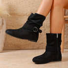 Slouchy flat suede-look buckle boots for women
