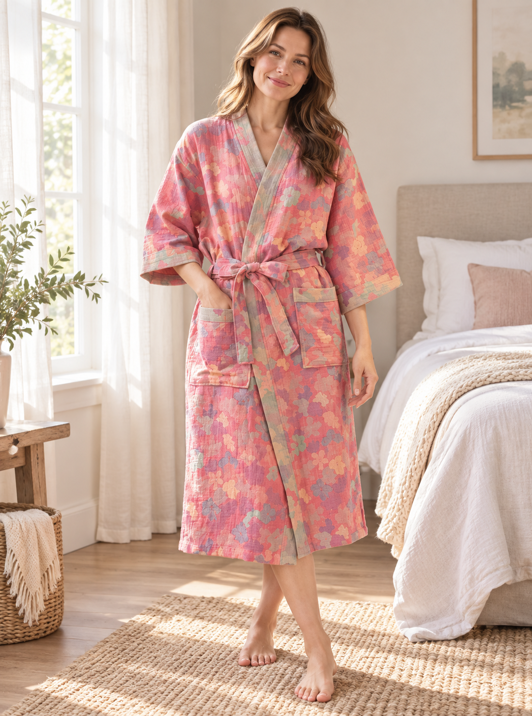 Floral cotton kimono robe for women