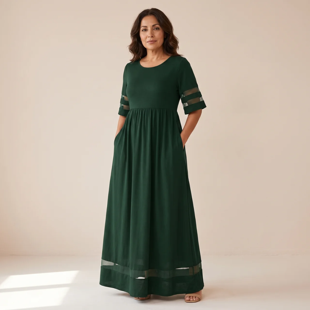 Valeria | Vestido Maxi de Manga Corta con Malla
