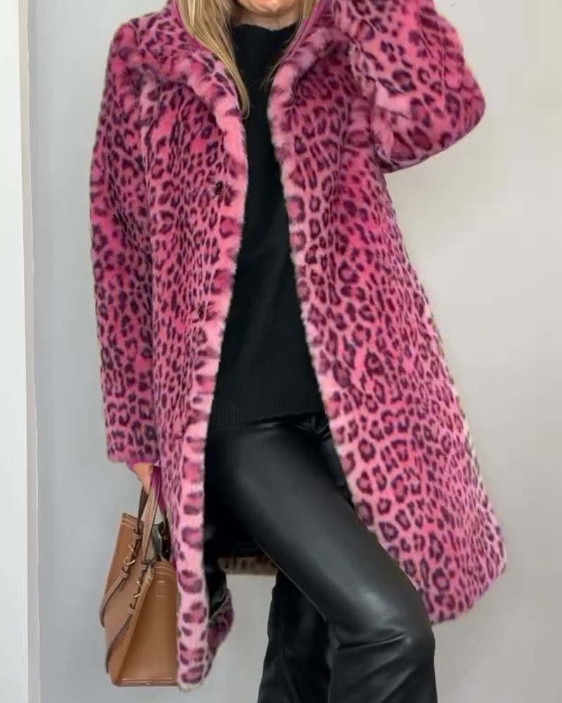 Leopard print faux fur coat in pink for women