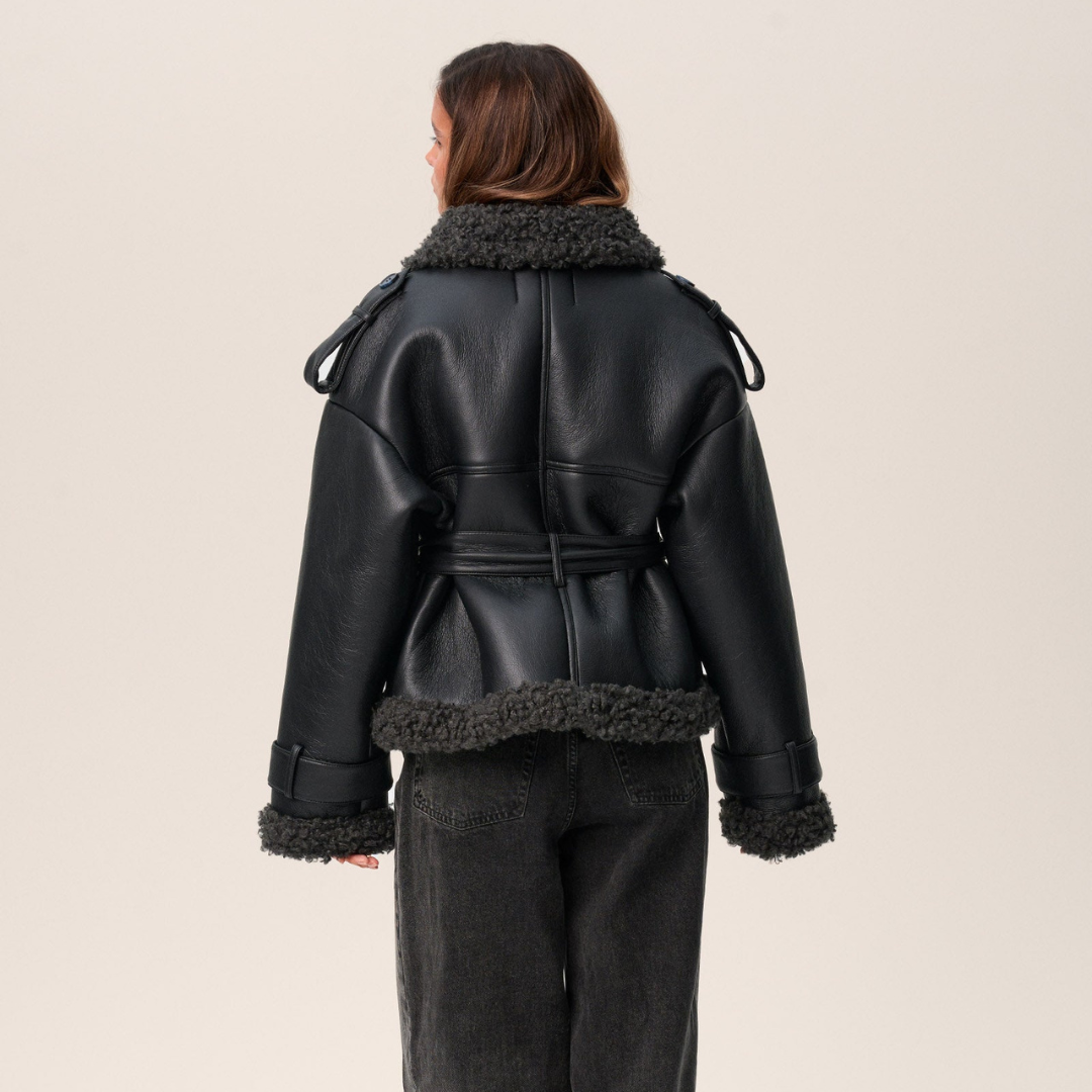 Belted shearling-look aviator jacket in black for women
