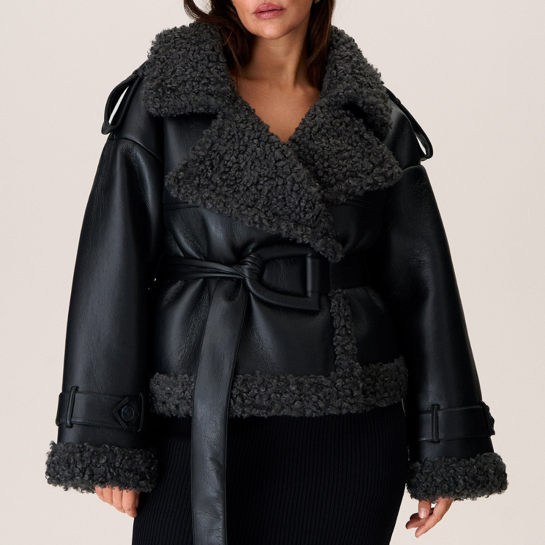 Belted shearling-look aviator jacket in black for women