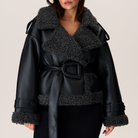 Belted shearling-look aviator jacket in black for women