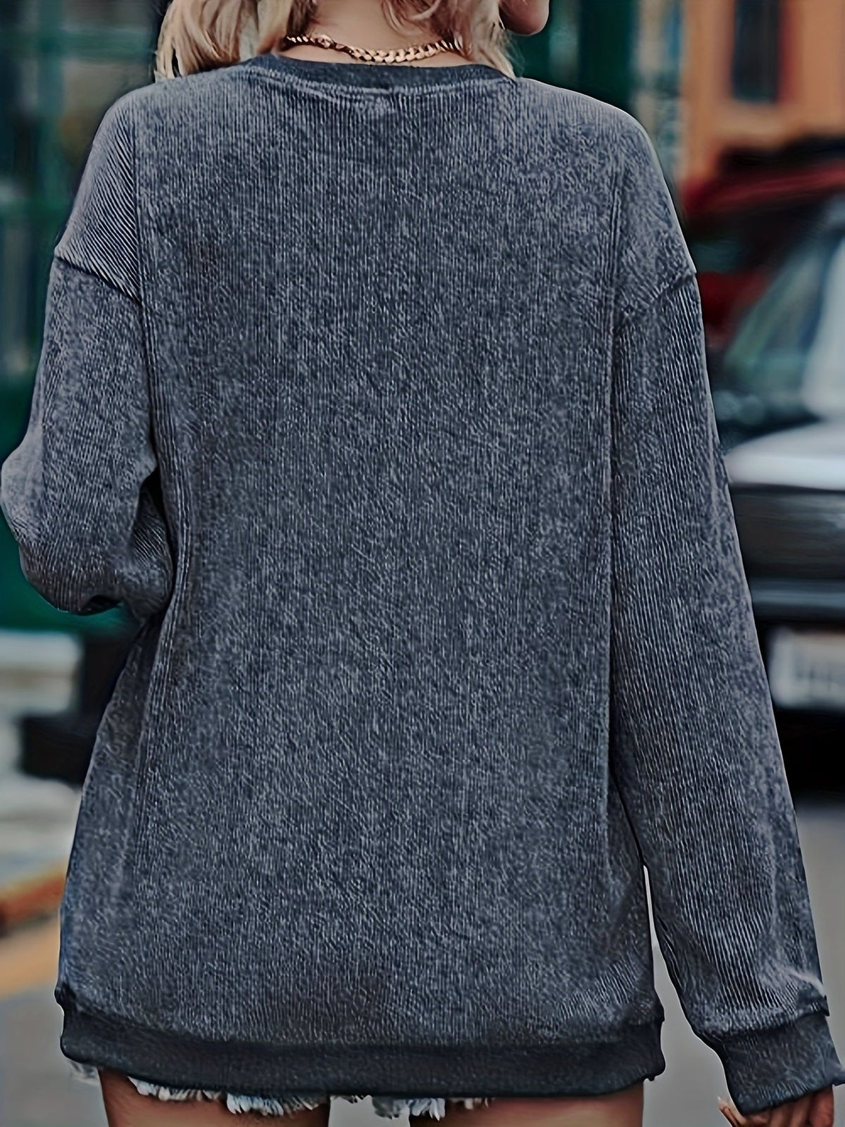 Dark gray corduroy Christmas sweater with sequin Santa for women