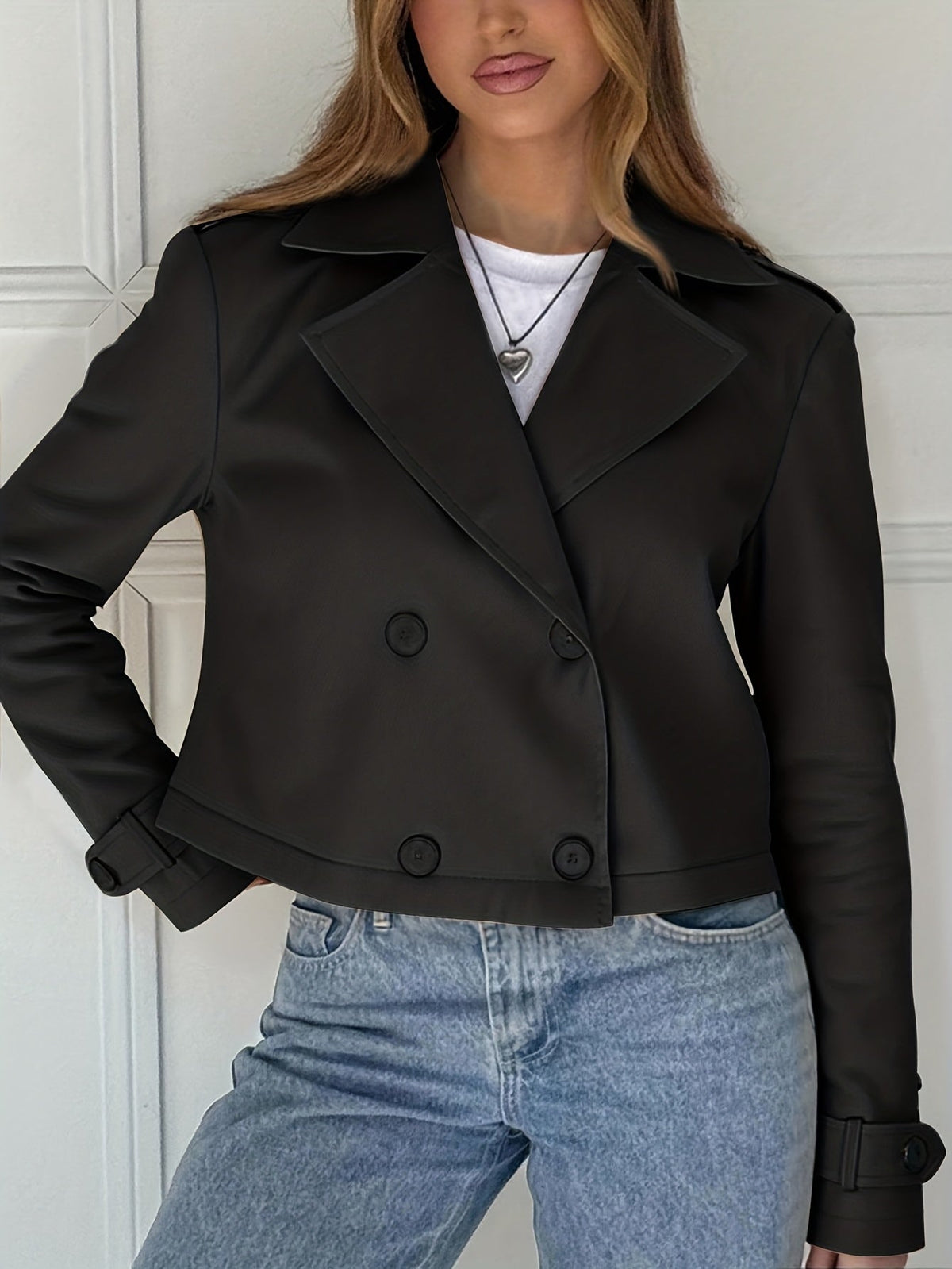 Button tab cropped pea coat for women