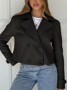Button tab cropped pea coat for women