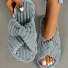 Cross knit plush slippers in grey for women