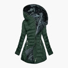 Asymmetric zip puffer coat in dark green for women