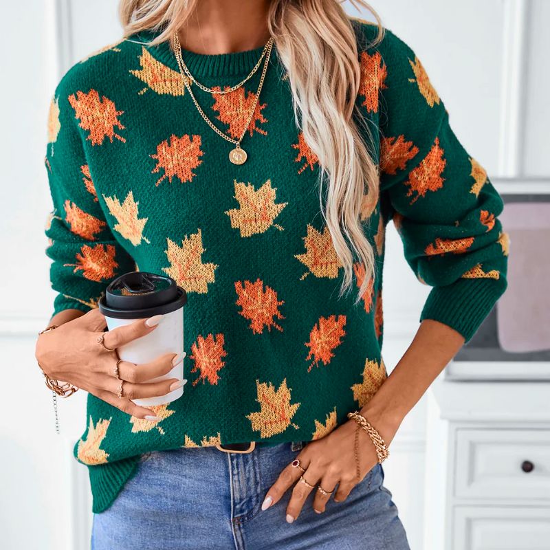 Maple leaf print sweater in green and black for women