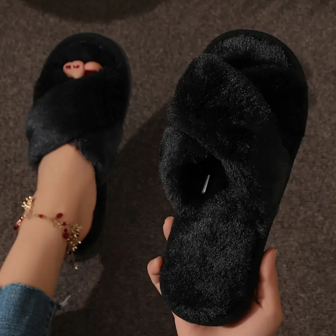 Criss cross fuzzy slippers in black for women