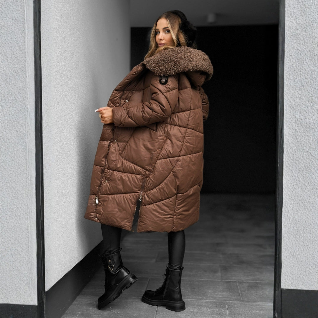 Long quilted hooded coat for women