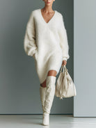 Fuzzy knit sweater dress in white for women