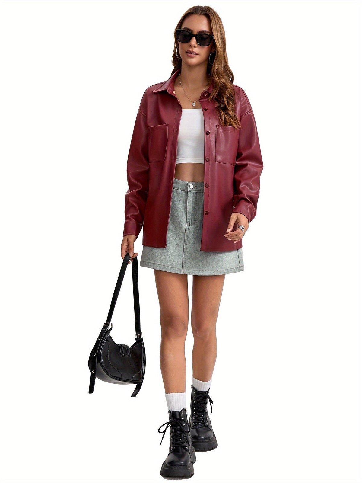 Leather-look shacket for women in brick red, light brown or black