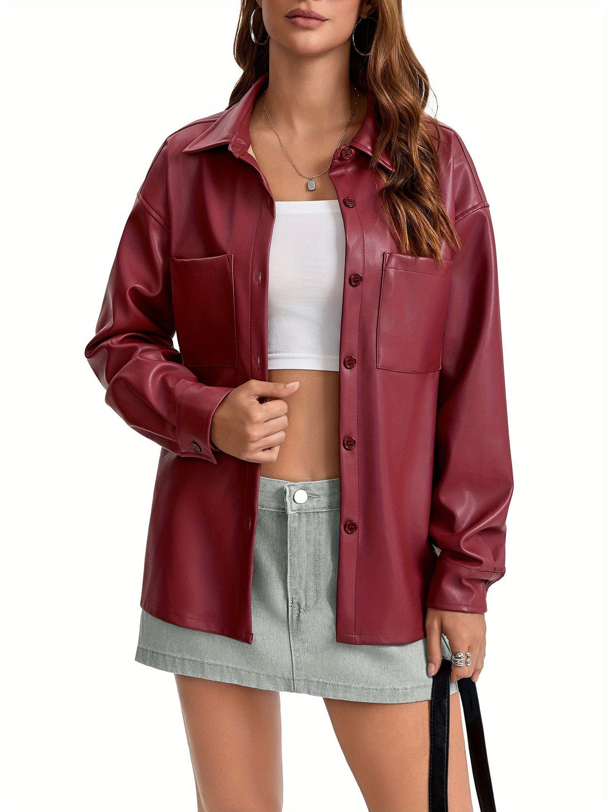 Leather-look shacket for women in brick red, light brown or black