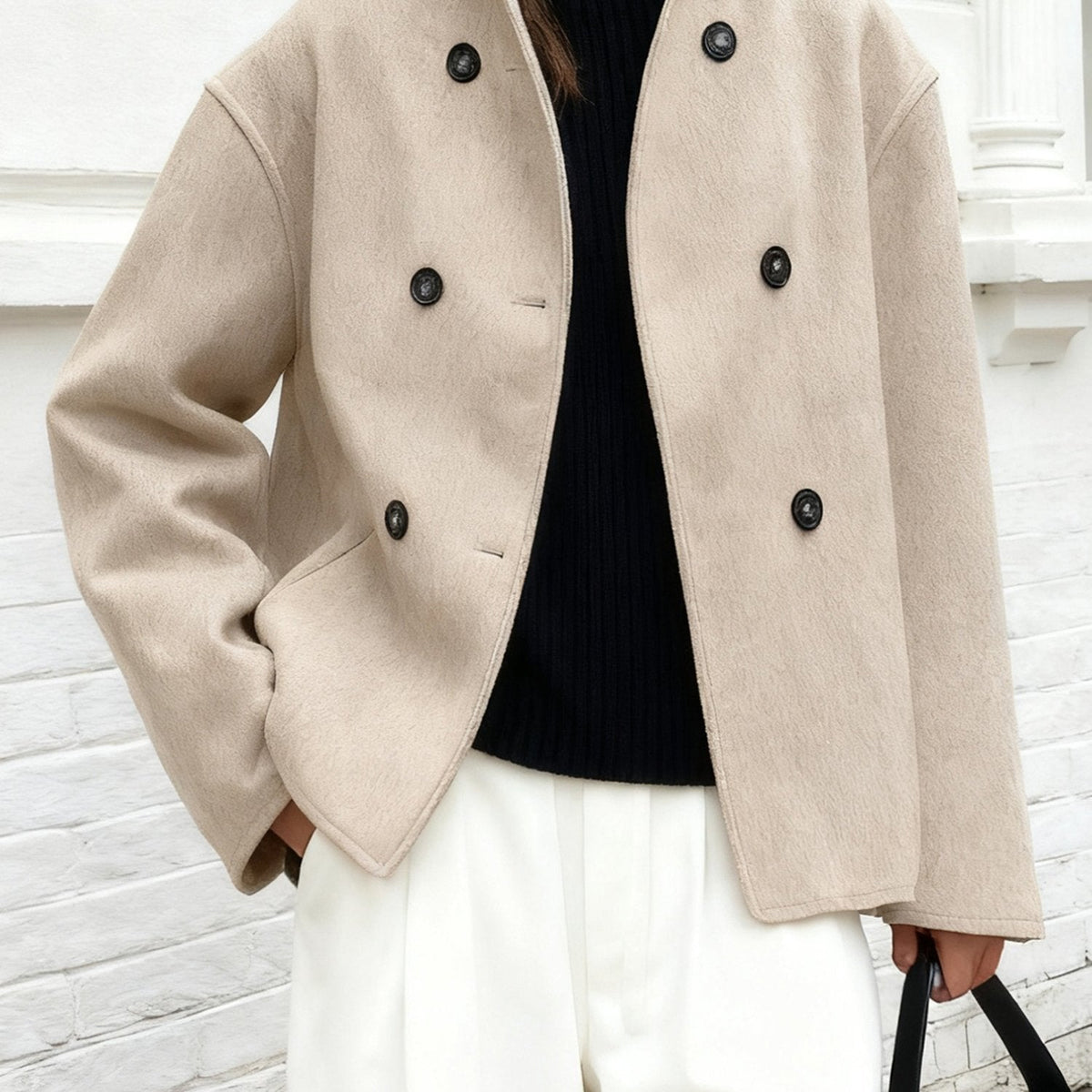 Cropped stand collar pea coat for women