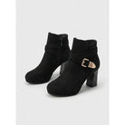 Suede-look block heel ankle buckle boots for women