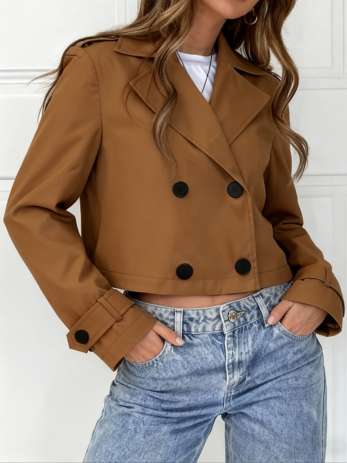 Button tab cropped pea coat for women