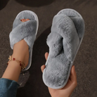 Criss cross fuzzy slippers in dark gray for women