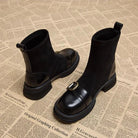 Pull-on suede-look ankle buckle boots for women
