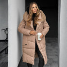 Long quilted hooded coat in beige for women