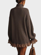 Ruffle trim turtleneck sweater dress for women