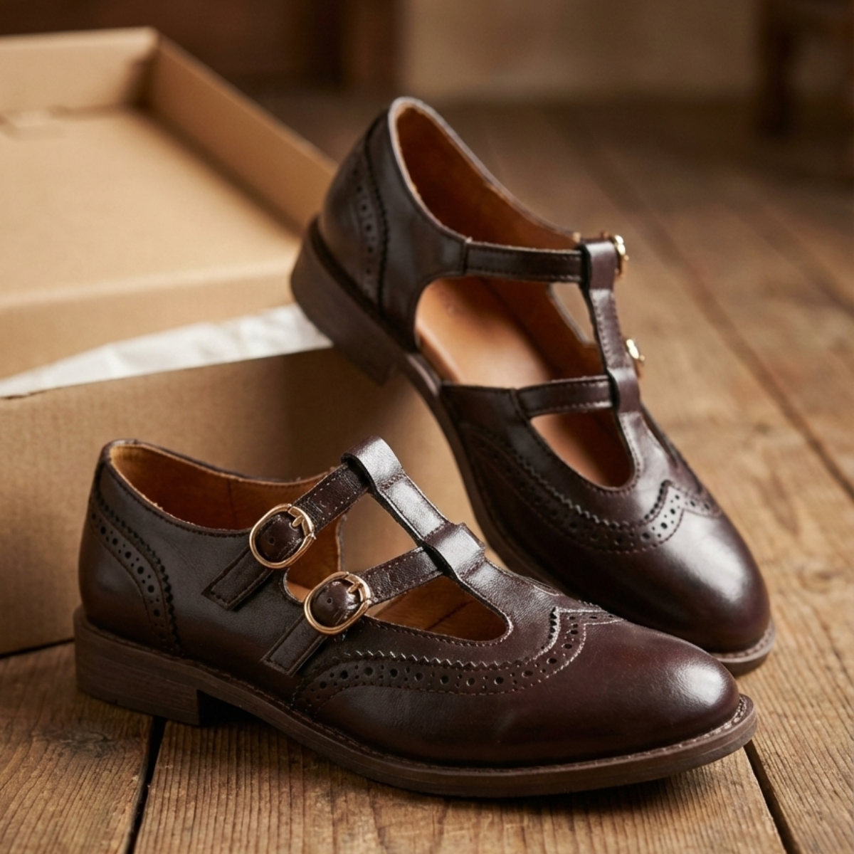 Brogue T-bar double buckle flats for women