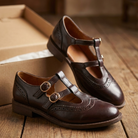 Brogue T-bar double buckle flats for women