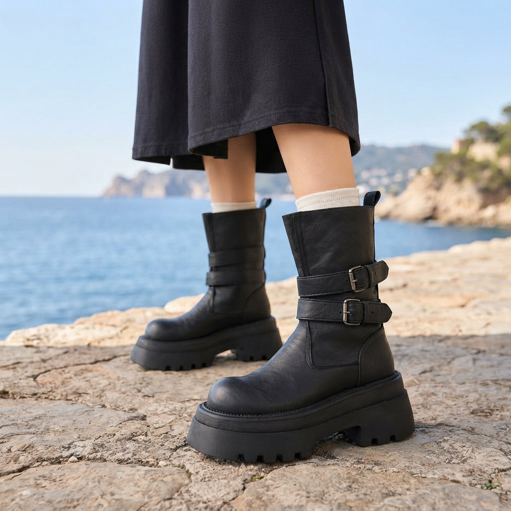 Chunky platform buckle biker boots for women