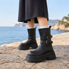 Chunky platform buckle biker boots for women