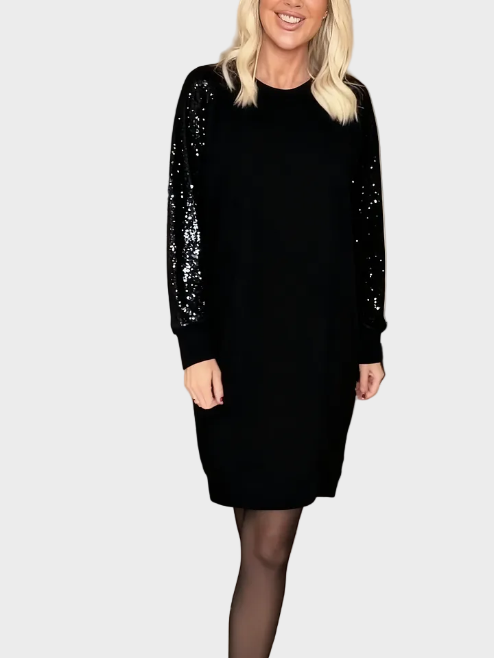 Sweatshirt dress with sequin sleeves and crew neck for women