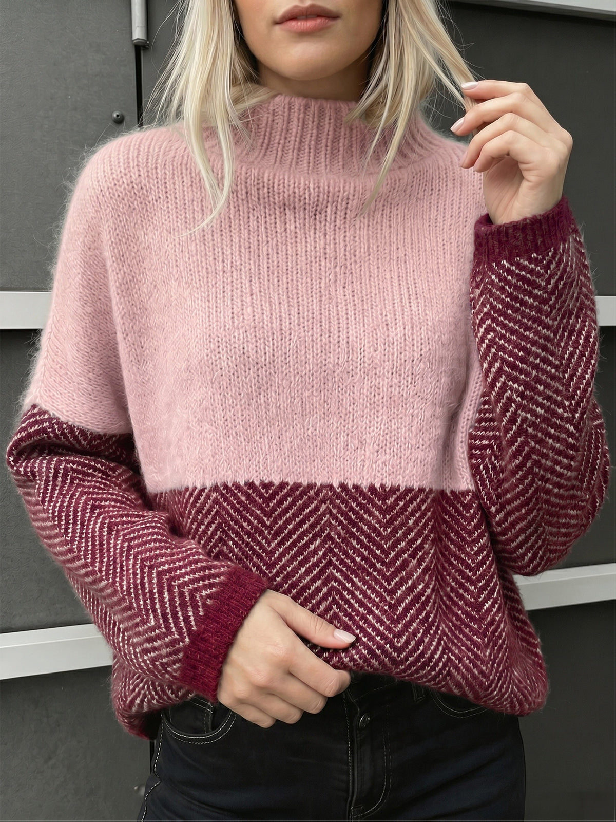 Colorblock chevron mock neck sweater for women